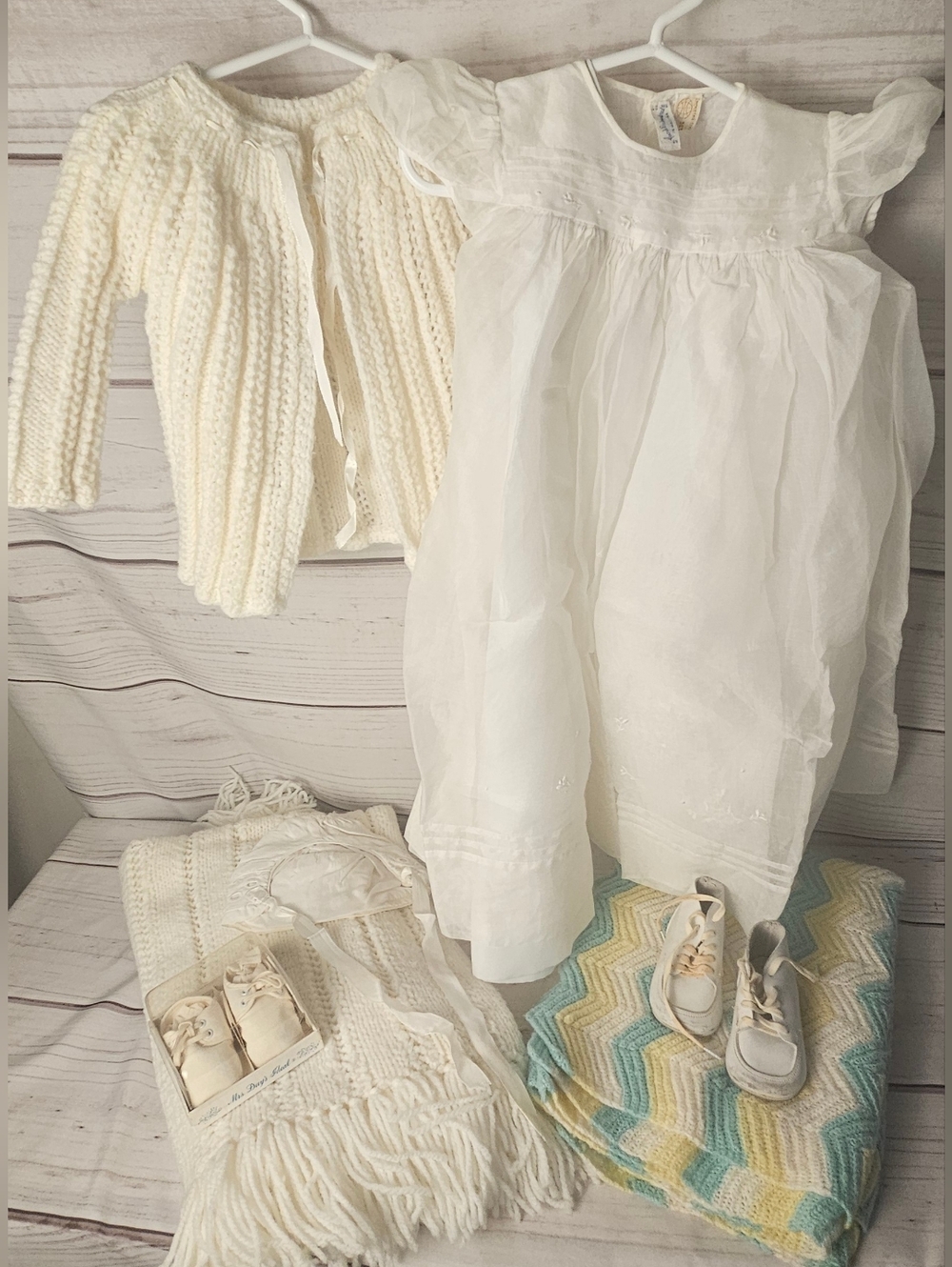 Vintage Bundle Christening Items Hudsons Of Detroit Dress Bonnet Shoes & Blanket